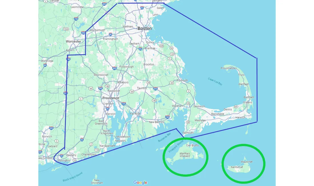 Map outlining the Cape Cargo service area across Eastern Massachusetts, Cape Cod, Rhode Island and the islands